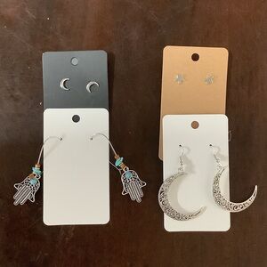 Silver Crescent Moon and Hamsa Earrings Set
